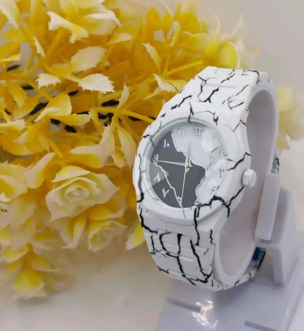 Marble Edition White Luxury Watch – Minimal Arabic Dial Design